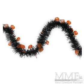 Black with Orange Jack O Lanterns Halloween Tinsel Garland